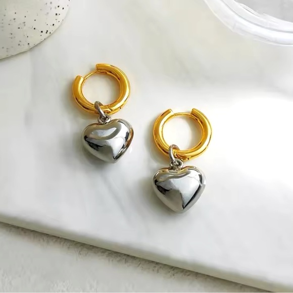 Giulia -Mixed Color Gold And Silver Heart Minimalist Hoop Earrings.Heart Pendant - Picture 5 of 12